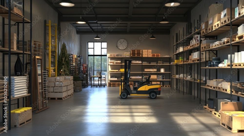 A spacious warehouse with shelves, a forklift, and organized supplies for storage and logistics. A spacious warehouse with shelves, a forklift, and organized supplies for storage and logistics.