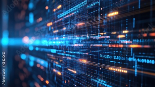 Abstract digital data flow with glowing lines and numbers.
