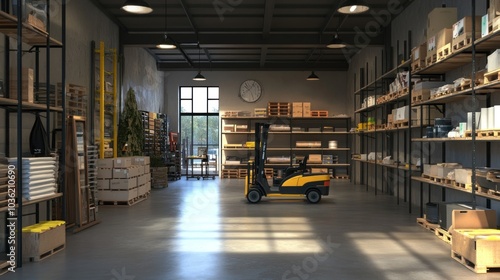 A spacious warehouse with shelves, a forklift, and organized supplies for storage and logistics.