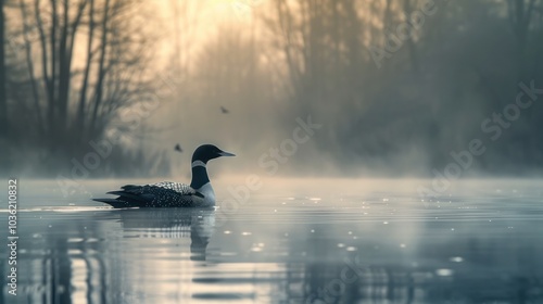 Spring landscape with takeoff Loon (misty morning). Bird were scattered on water of lake in misty forest. Picture has artistic value, fine art photography. Art style of photo.