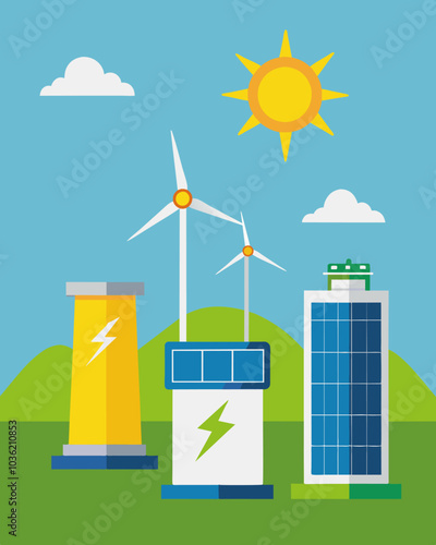 An energy storage system using molten salt to store excess solar and wind power providing a reliable solution for intermittent renewable energy sources.. Vector illustration