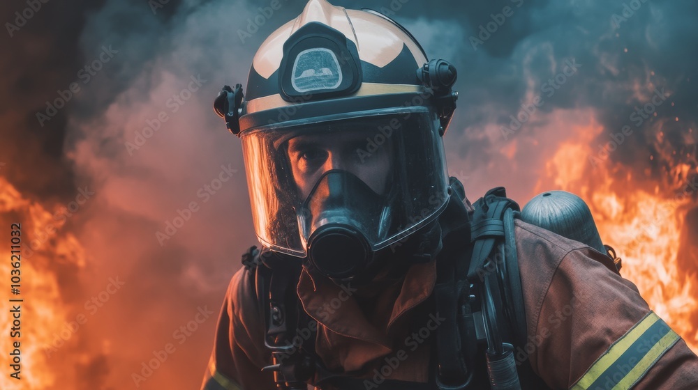 A firefighter in full gear, battling flames and smoke, Firefighting scene A firefighter in full gear, battling flames and smoke, Firefighting scene