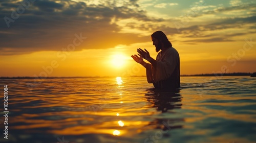 Wallpaper Mural A serene figure stands in water at sunset, evoking spirituality and reflection. Torontodigital.ca