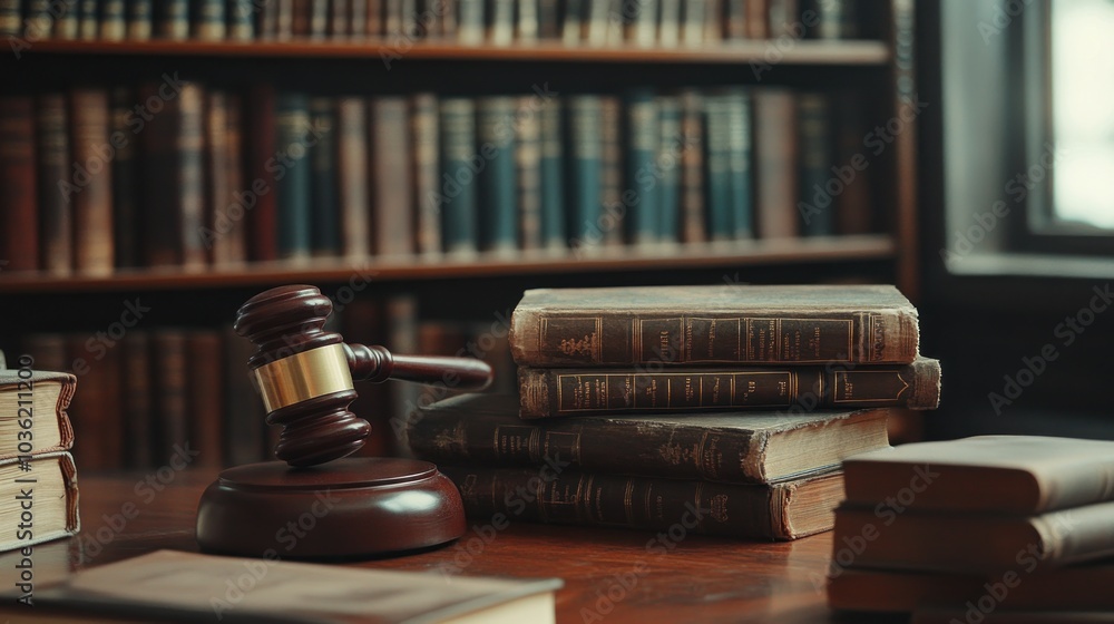 A gavel rests on a wooden table surrounded by stacked law books in a library setting. A gavel rests on a wooden table surrounded by stacked law books in a library setting.