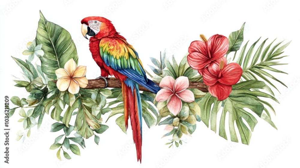 Fototapeta premium A vibrant parrot perched on a branch surrounded by tropical flowers and leaves.