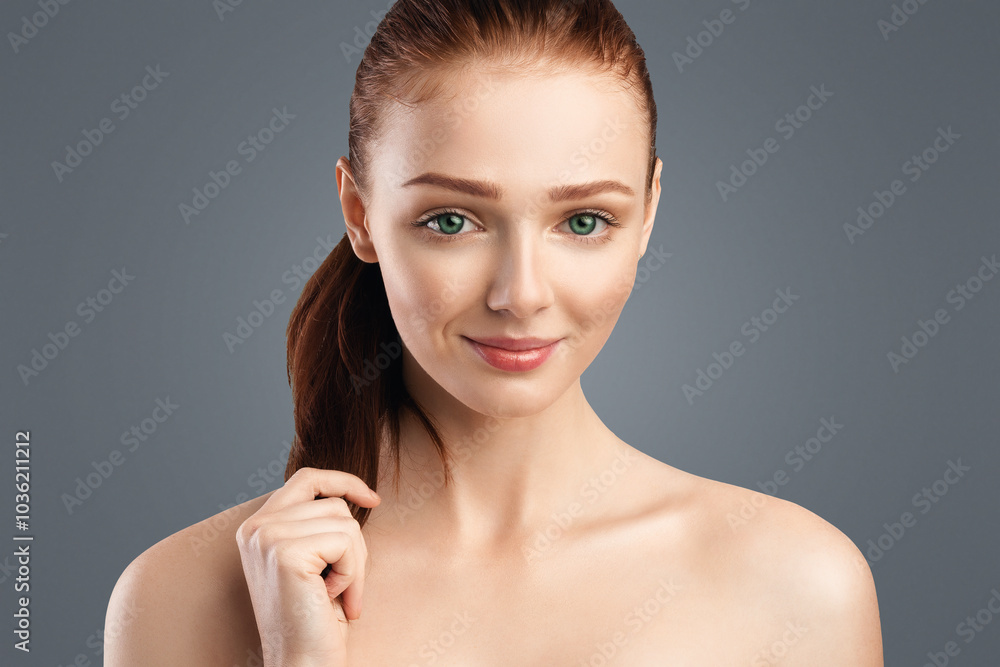 Haircare. Red-Haired Young Lady With Ponytail Hairstyle Touching Smooth Red Hair Smiling To Camera Posing Over White Studio Background. Youth Beauty Portrait, Spa Concept Haircare. Red-Haired Young Lady With Ponytail Hairstyle Touching Smooth Red Hair Smiling To Camera Posing Over White Studio Background. Youth Beauty Portrait, Spa Concept