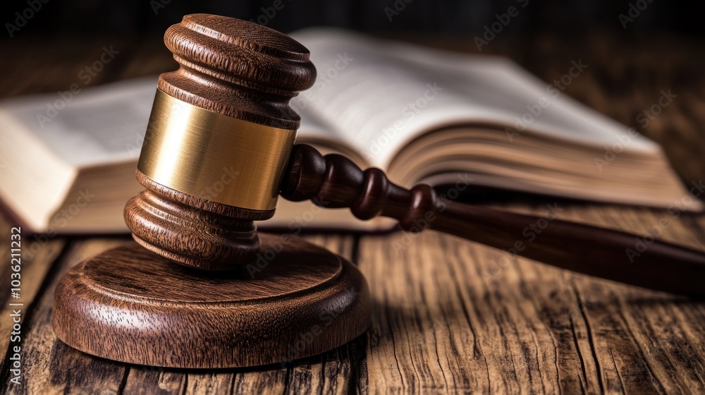 A wooden gavel rests on a table next to an open law book, symbolizing justice and authority. A wooden gavel rests on a table next to an open law book, symbolizing justice and authority.