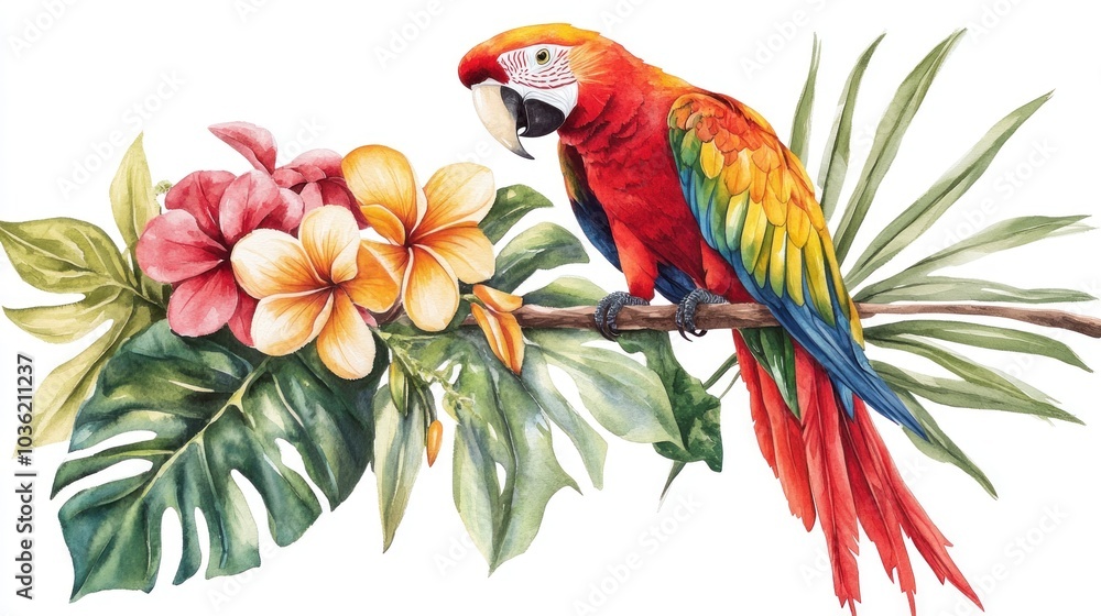 Fototapeta premium A vibrant parrot perched on a branch surrounded by tropical flowers and leaves.