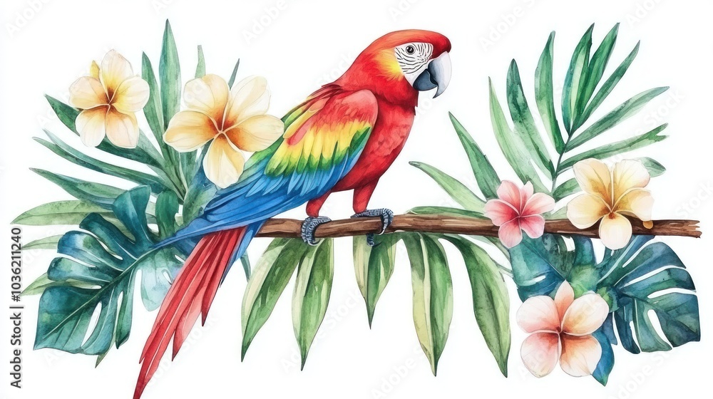 Fototapeta premium A vibrant parrot perched on a branch surrounded by tropical flowers and leaves.