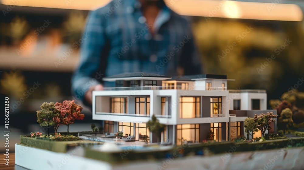 A model home with a pool and landscaping is displayed, a person in the background out of focus. A model home with a pool and landscaping is displayed, a person in the background out of focus.