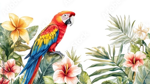 A vibrant parrot amidst tropical flowers and foliage, showcasing nature's beauty.