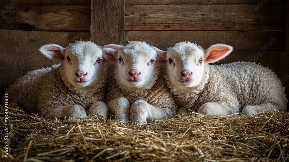 Three adorable lambs resting together on straw in a rustic barn setting. Three adorable lambs resting together on straw in a rustic barn setting.
