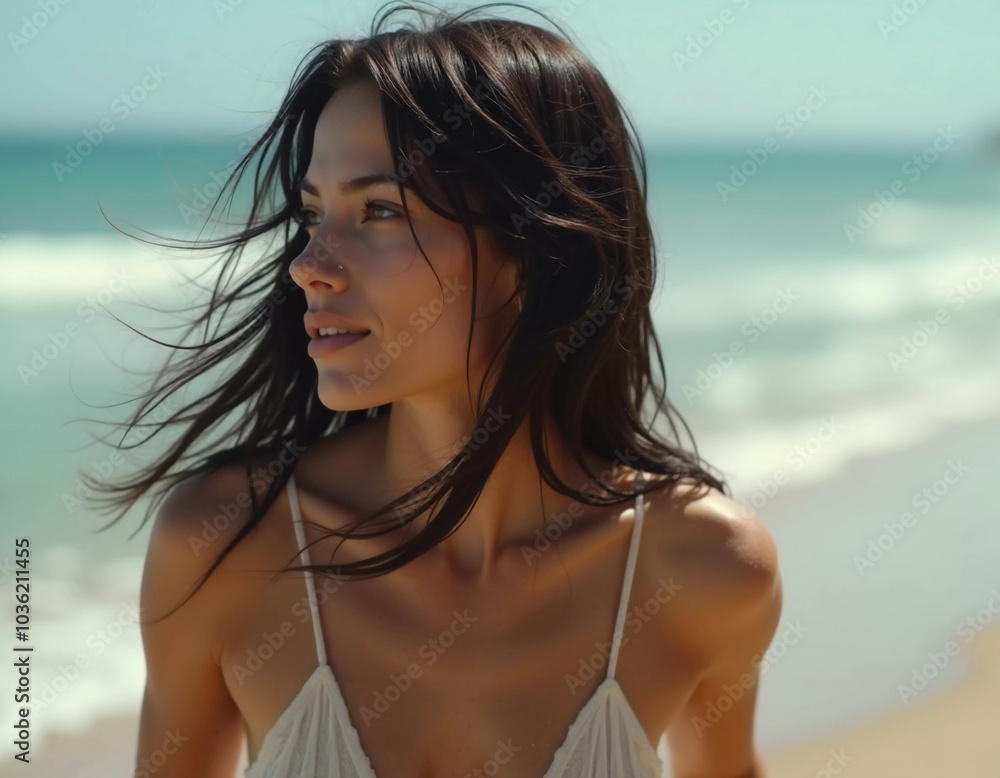 A brunette woman in a swimsuit gazes back while standing near the shoreline. Gentle sea waves lap at her feet under a clear blue sky. Long hair, beautiful young face. Travel and clothing adverts. AI A brunette woman in a swimsuit gazes back while standing near the shoreline. Gentle sea waves lap at her feet under a clear blue sky. Long hair, beautiful young face. Travel and clothing adverts. AI