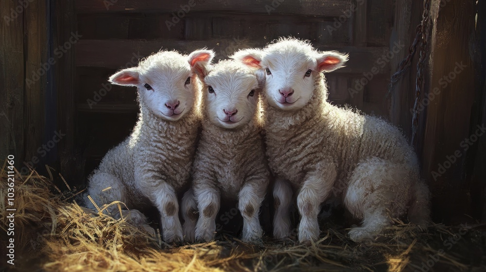 Three adorable lambs sitting together in a barn, surrounded by straw. Three adorable lambs sitting together in a barn, surrounded by straw.