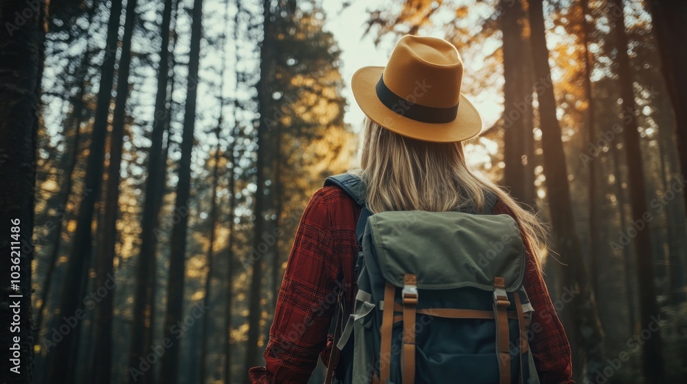 A traveler in a forest, exploring nature with a backpack and hat. A traveler in a forest, exploring nature with a backpack and hat.