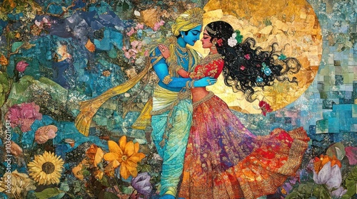 A vibrant depiction of Krishna and Radha in a romantic embrace, set against a colorful backdrop.