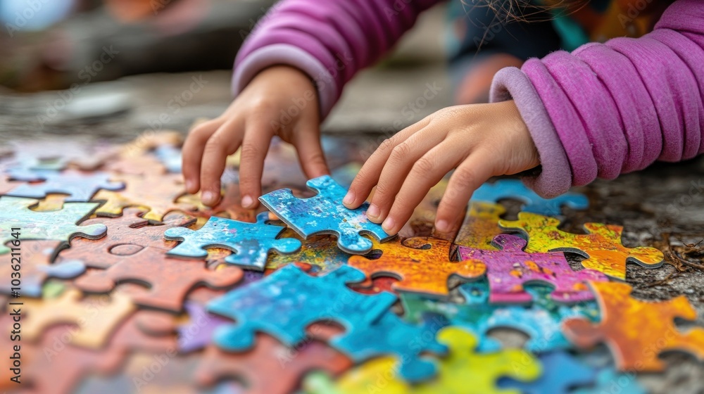 Fototapeta premium A child’s hands assembling a colorful jigsaw puzzle on a wooden surface outdoors.