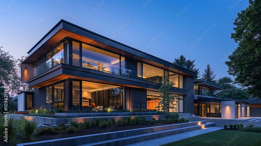 Modern home with large windows and a beautiful lawn. Modern home with large windows and a beautiful lawn.