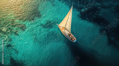 Aerial view of a sailboat sailing on the open ocean.