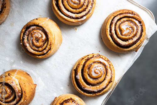 Freshly baked cinnamon rolls with sweet icing