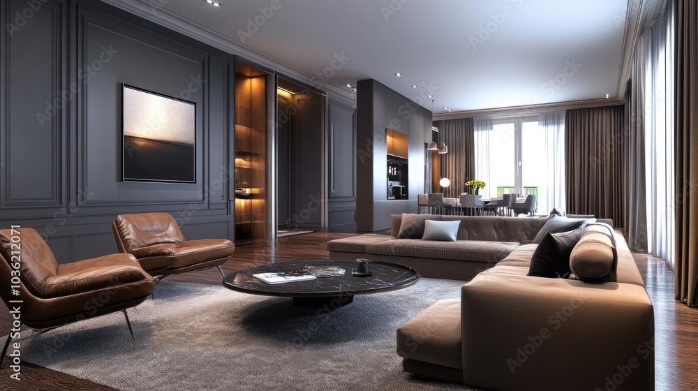 Modern living room with elegant furniture and a cozy atmosphere. Modern living room with elegant furniture and a cozy atmosphere.
