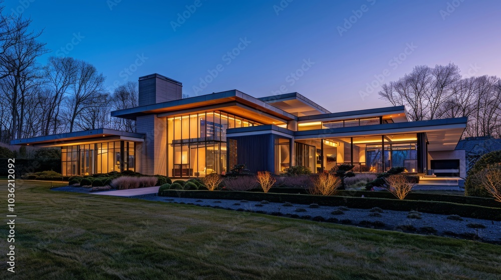 Modern home with large windows overlooking a manicured lawn. Modern home with large windows overlooking a manicured lawn.