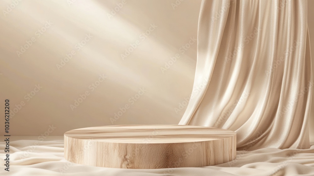 A minimalist scene featuring a wooden platform and soft fabric backdrop, ideal for presentations. A minimalist scene featuring a wooden platform and soft fabric backdrop, ideal for presentations.
