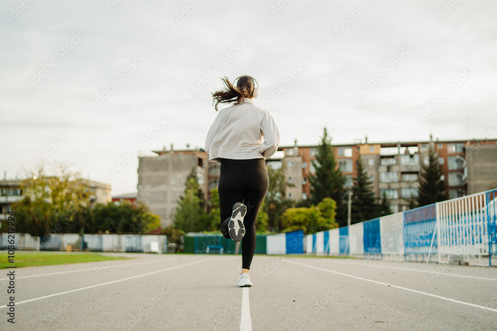 Young caucasian woman running or jogging on the stadium track Young caucasian woman running or jogging on the stadium track