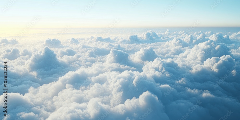 Naklejka premium Aerial view of a vast expanse of fluffy white clouds against a blue sky with sunlight streaming through.