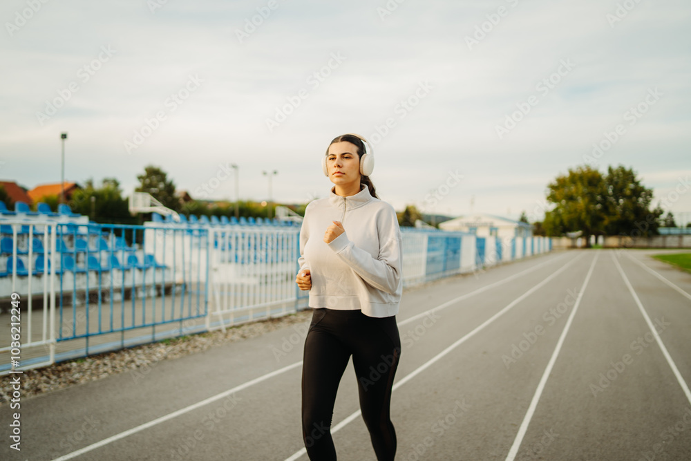 Young caucasian woman running or jogging on the stadium track	