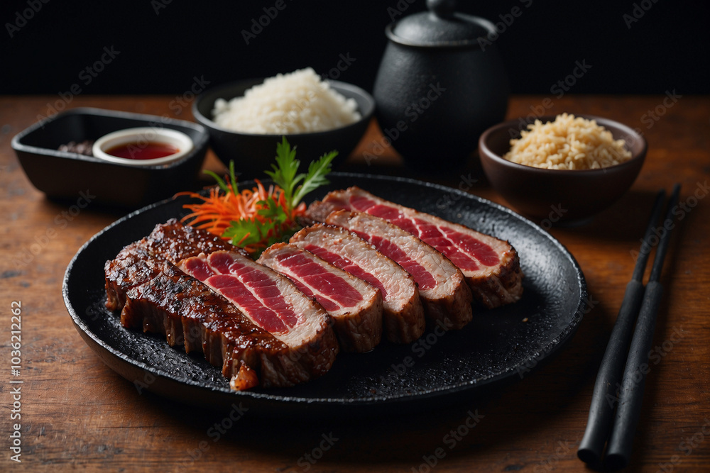 Japanese cuisine, Yakiniku served on a black plate on a wooden table Japanese cuisine, Yakiniku served on a black plate on a wooden table