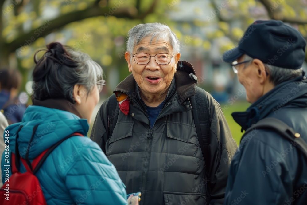 Senior people walking and talking in the park in Tokyo, Japan. Senior people walking and talking in the park in Tokyo, Japan.