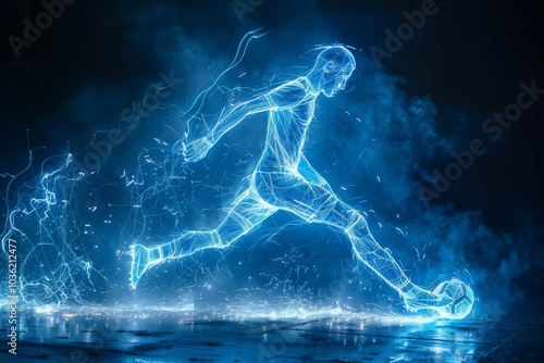 A young man kicks a football with force, illuminated by neon blue light, highlighting motion and excitement