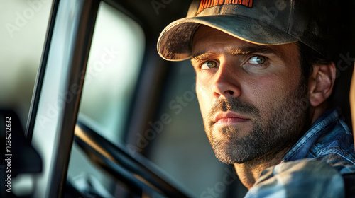 Truck driver smiling inside truck cab with copyspace