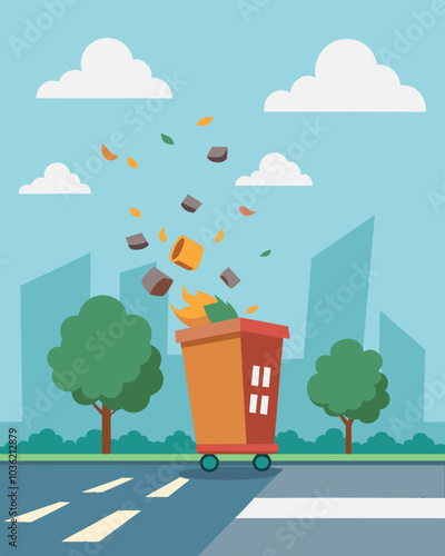 As a strong gust of wind blew by it tered trash from the overflowing dumpster across the street.. Vector illustration