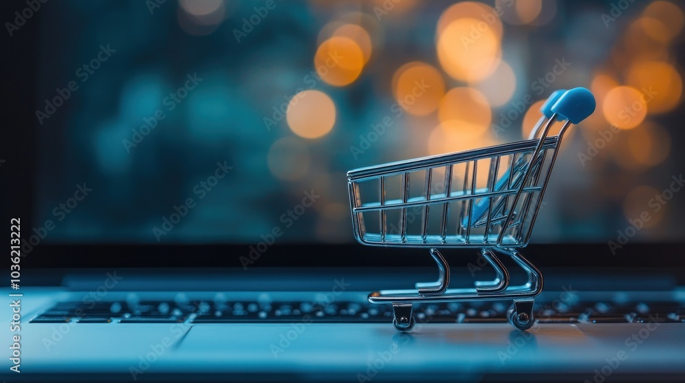A shopping cart on a laptop symbolizes online shopping and e-commerce. A shopping cart on a laptop symbolizes online shopping and e-commerce.