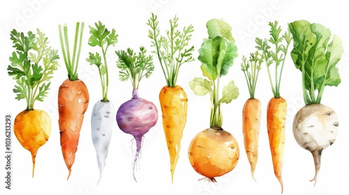 Hand drawn watercolor root vegetables on white background