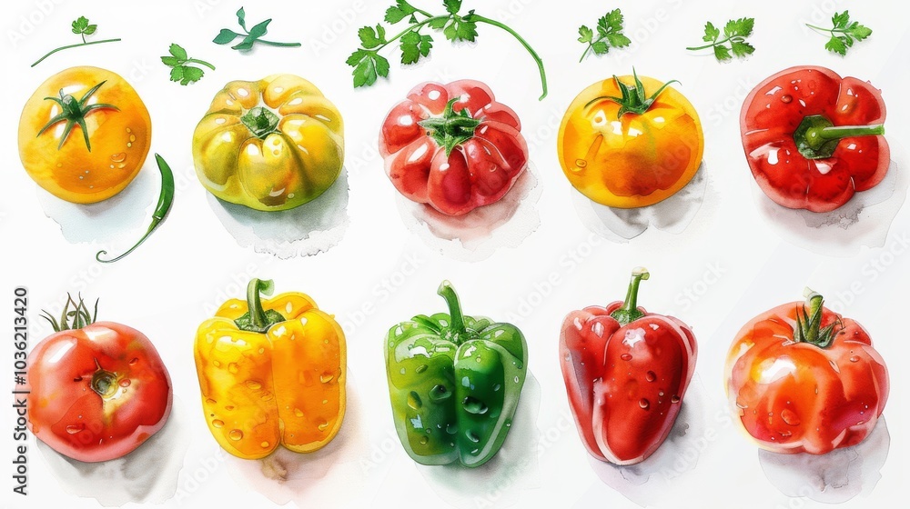 Hand drawn watercolor tomatoes and bell peppers on white background