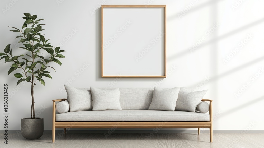 Minimalist living room with a sofa, decorative pillows, and a plant beside a blank frame. Minimalist living room with a sofa, decorative pillows, and a plant beside a blank frame.
