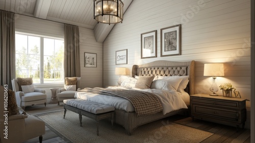 Cozy and elegant bedroom featuring a large bed  armchairs  and soft lighting.
