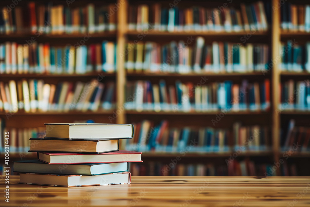 Stack of books and cantovars on wooden table and blurred bookshelf in library room, education, back to school Stack of books and cantovars on wooden table and blurred bookshelf in library room, education, back to school