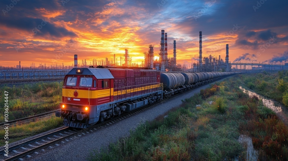 Obraz premium A powerful freight train moves steadily along the tracks past an industrial complex as the sun sets, casting vibrant colors across the sky and illuminating the scene.