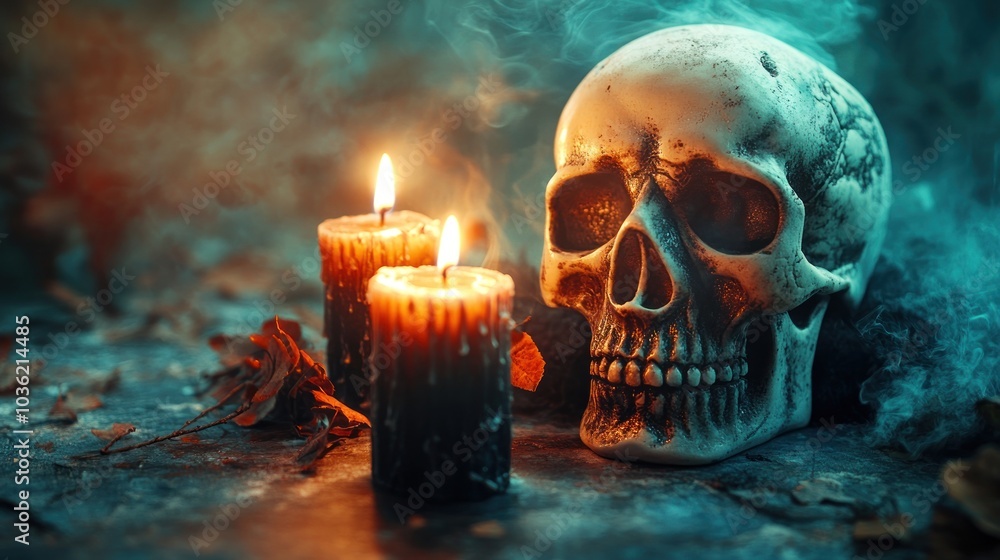 A dark, atmospheric scene featuring a skull and two lit candles amidst smoke and leaves. A dark, atmospheric scene featuring a skull and two lit candles amidst smoke and leaves.