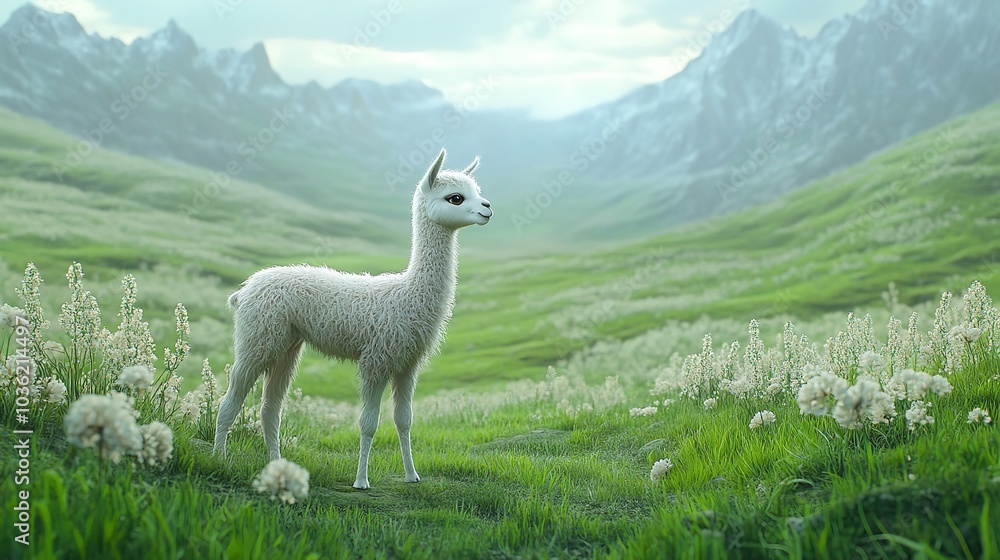 Obraz premium 3D Cute Baby Llama in a Pastel Green Meadow for Nursery Room Decor