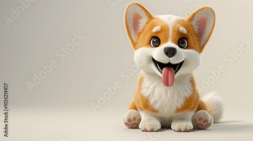 A cute cartoon corgi puppy sits with a big smile and tongue sticking out.