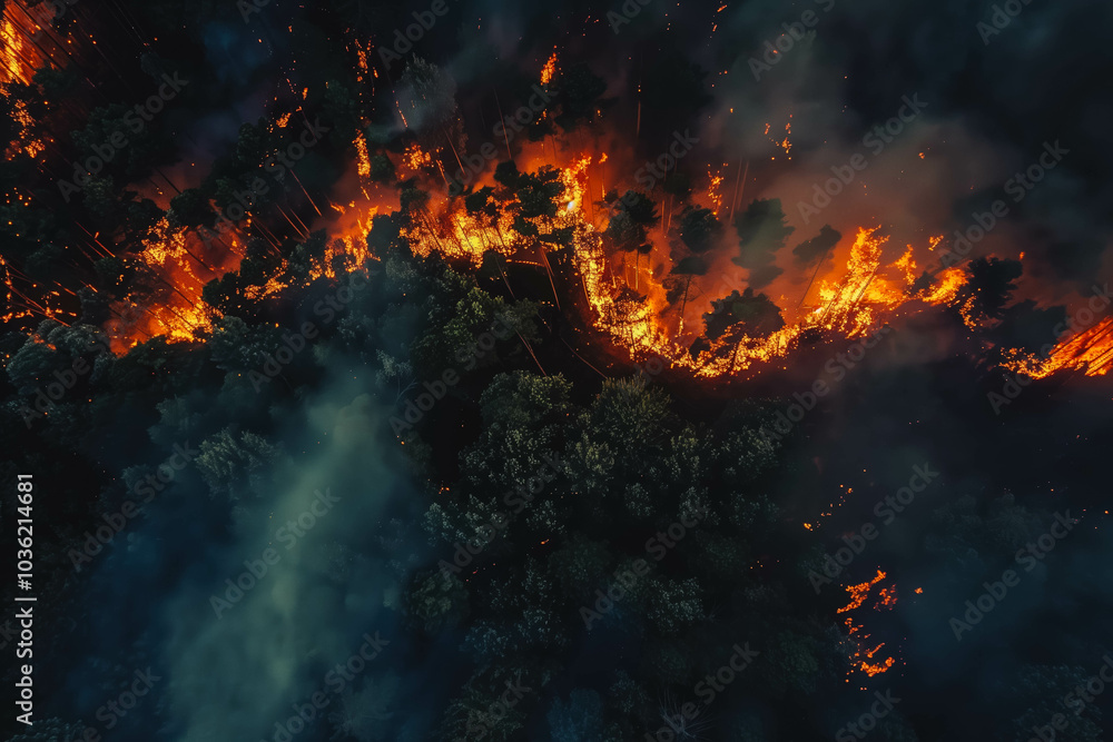 A strip of Dry Grass sets Fire to Trees in dry Forest: Forest fire - Aerial drone top view. Forest fire: fire with smoke from the height of a bird flight A strip of Dry Grass sets Fire to Trees in dry Forest: Forest fire - Aerial drone top view. Forest fire: fire with smoke from the height of a bird flight