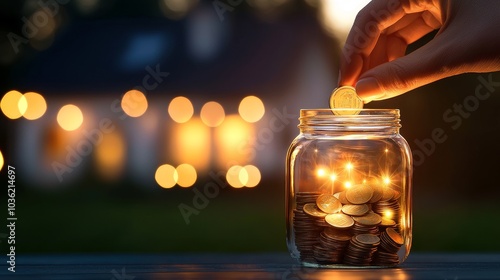 Hand gently placing a coin into a jar with a suburban house blurred in the background, signifying savings and investment, natural lighting, high-definition photo