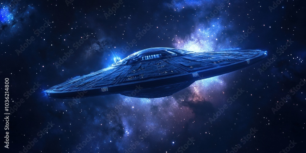 A futuristic spaceship flies through a starry expanse of the galaxy. A futuristic spaceship flies through a starry expanse of the galaxy.