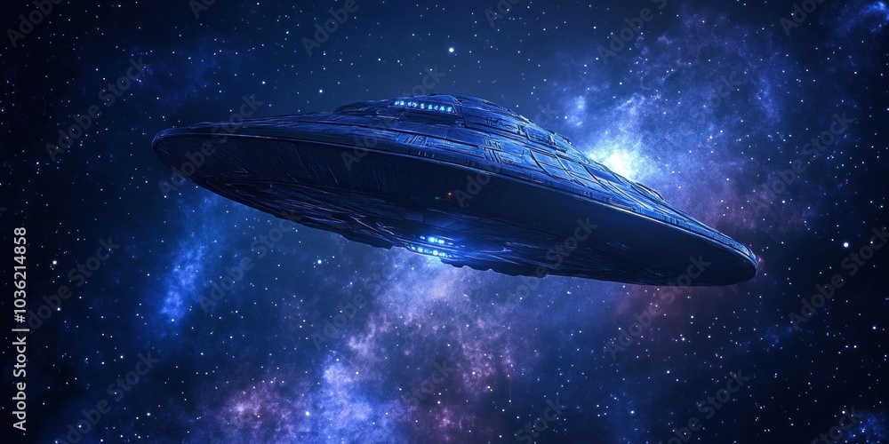 A futuristic spaceship or UFO flies through the galaxy, with a dark blue exterior and glowing lights, against a backdrop of twinkling stars and nebulas. A futuristic spaceship or UFO flies through the galaxy, with a dark blue exterior and glowing lights, against a backdrop of twinkling stars and nebulas.