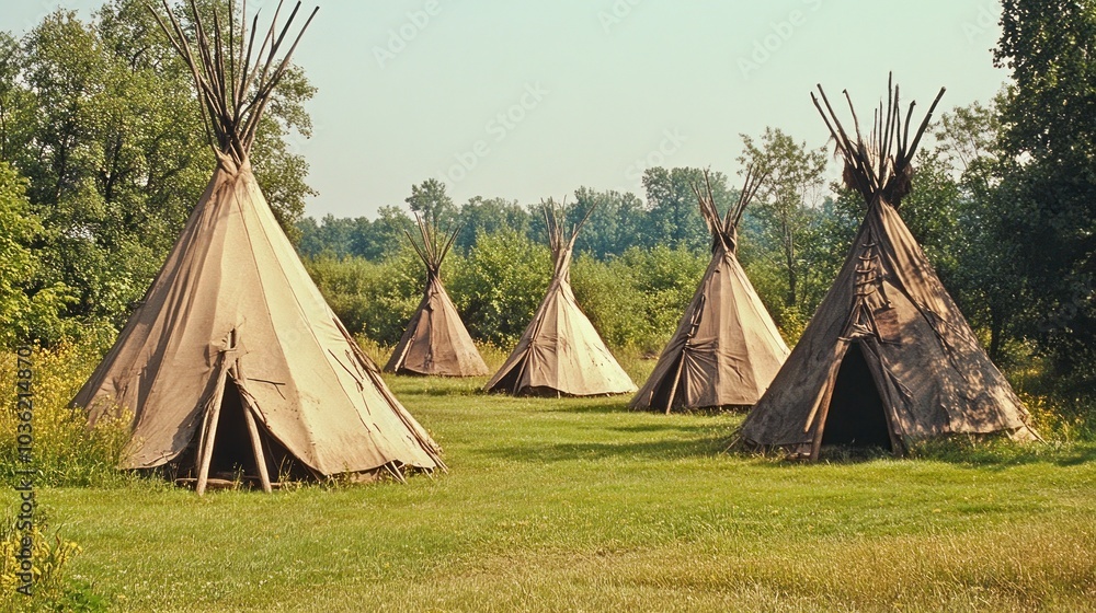 A group of traditional teepees set in a grassy area surrounded by trees. A group of traditional teepees set in a grassy area surrounded by trees.